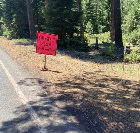 Sign for a fire that was still active nearby.