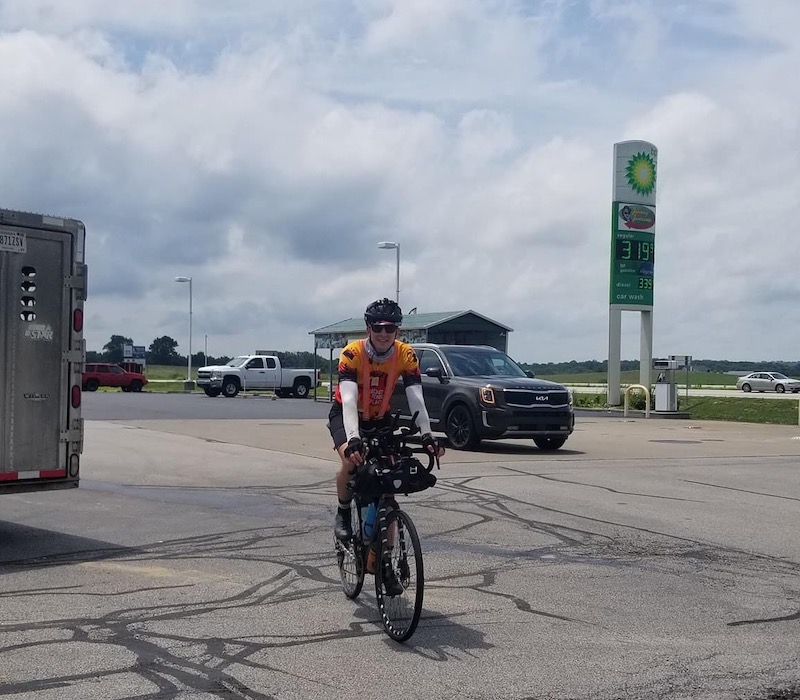 Me rolling into a gas station in Indiana. Photo credit: Matthew the dot watcher.