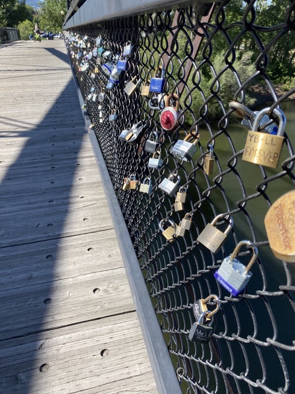 Love locks on a bridge in Missoula, Montana.