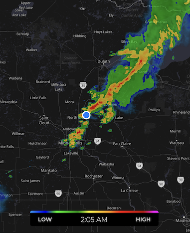 Weather radar of the passing storm, with me being the blue dot in the middle of it.